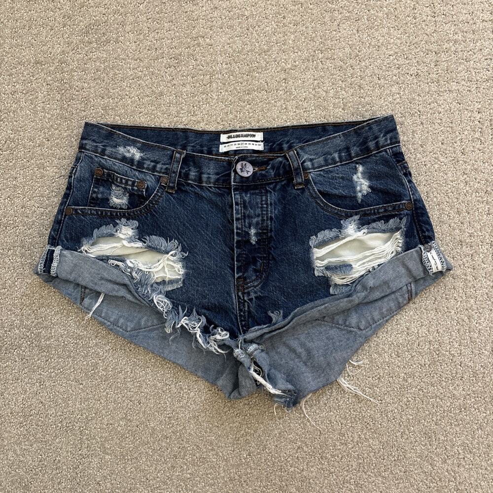 One Teaspoon Bandits Distressed Rolled-Hem Jean Shorts Blue Dark Wash Size 27
